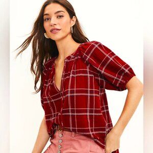 Loft Red Plaid Tie-Neck Puff Sleeve Top